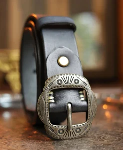 New Arrow & Shield Pattern Brass Buckle Leather Belt - Black Belts