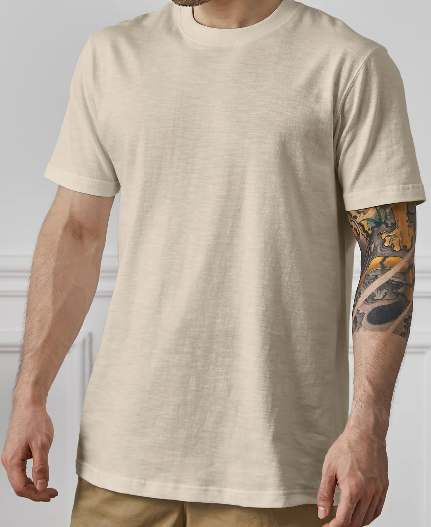 New Classic Fit Loopwheel Slub Cotton T-Shirt - Oatmeal Short Sleeve T-Shirts | T-shirts