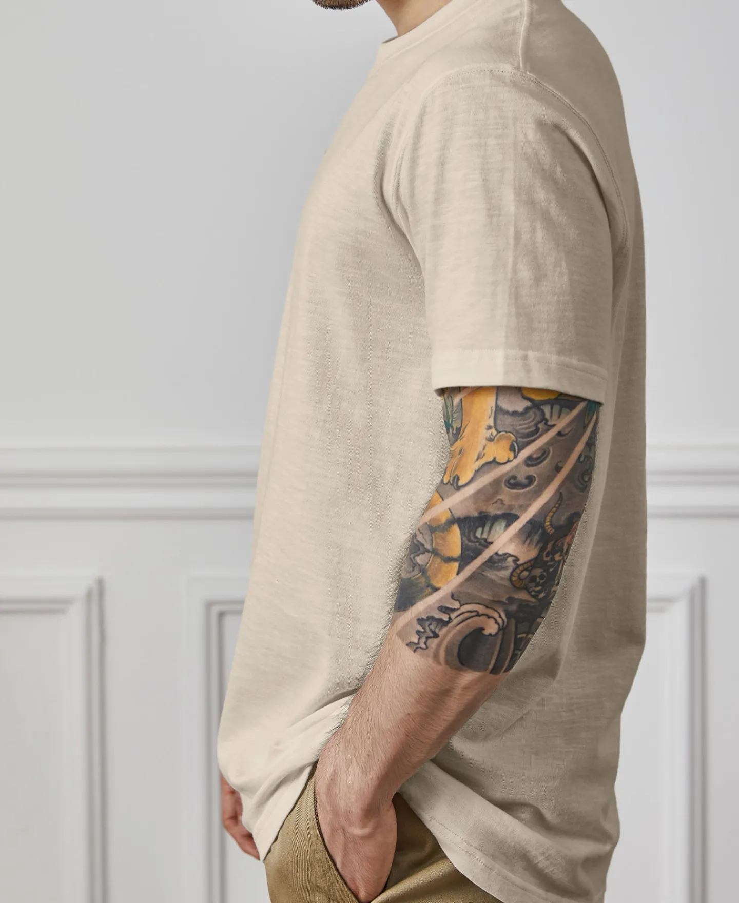 New Classic Fit Loopwheel Slub Cotton T-Shirt - Oatmeal Short Sleeve T-Shirts | T-shirts