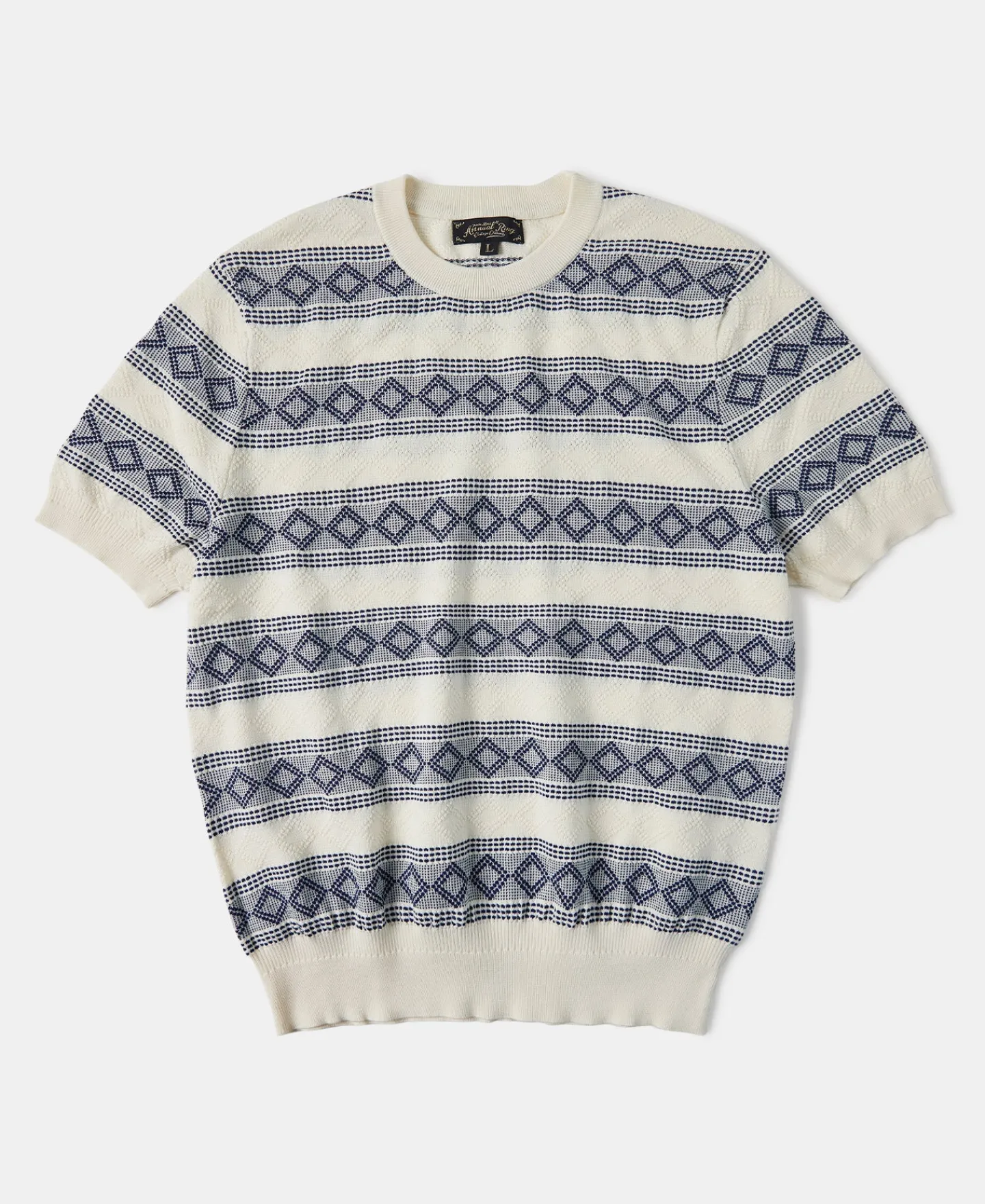 New Diamond Pattern Jacquard Crew Neck T-Shirt - Blue/White Short Sleeve T-Shirts | T-shirts