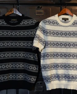 New Diamond Pattern Jacquard Crew Neck T-Shirt - Blue/White Short Sleeve T-Shirts | T-shirts