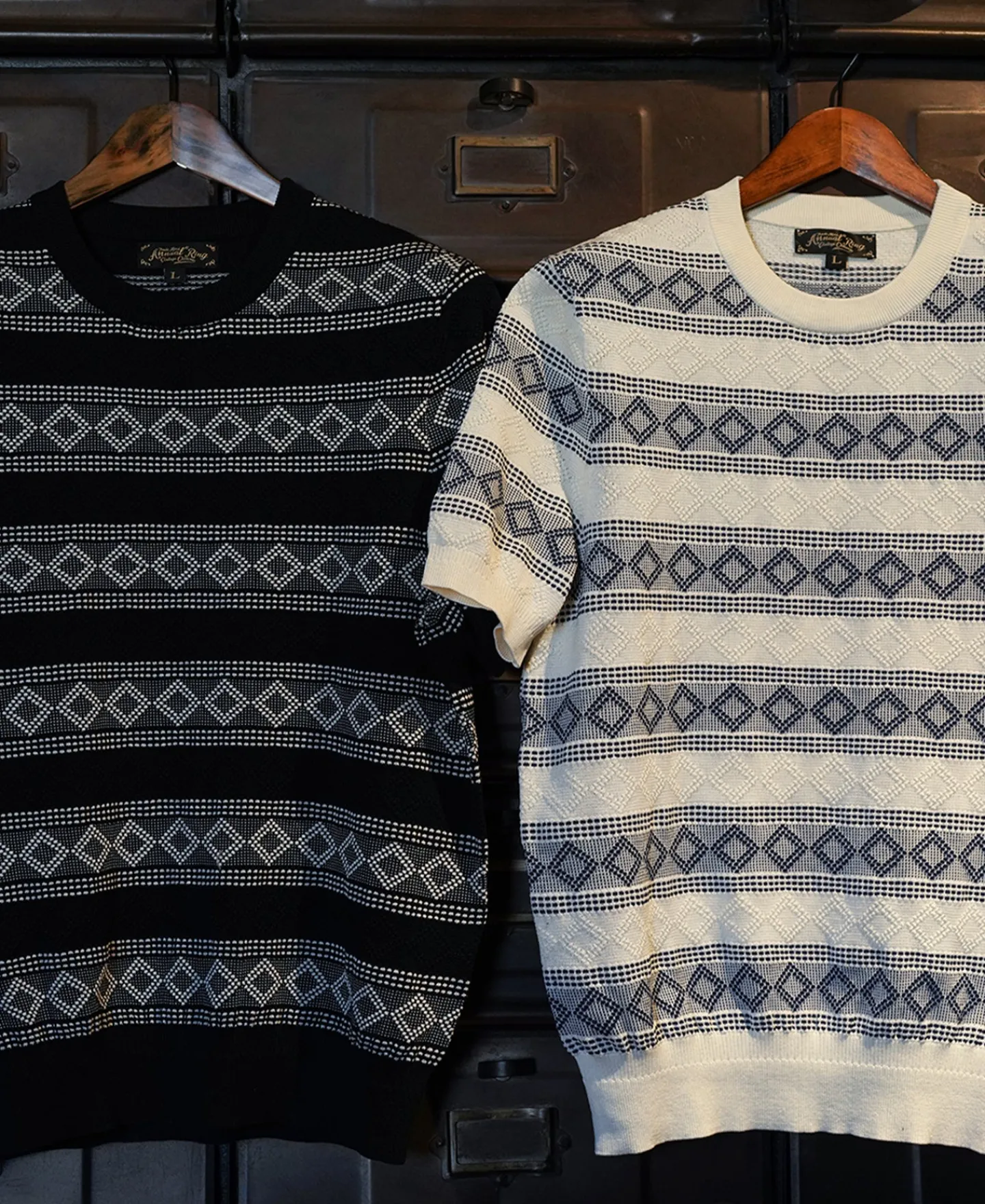 New Diamond Pattern Jacquard Crew Neck T-Shirt - Blue/White Short Sleeve T-Shirts | T-shirts