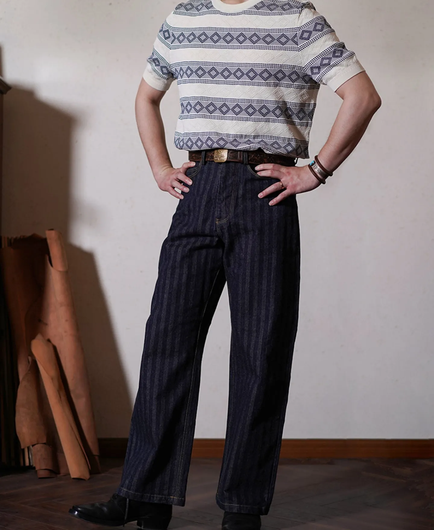 New Diamond Pattern Jacquard Crew Neck T-Shirt - Blue/White Short Sleeve T-Shirts | T-shirts