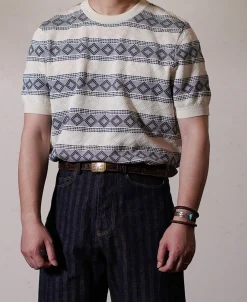 New Diamond Pattern Jacquard Crew Neck T-Shirt - Blue/White Short Sleeve T-Shirts | T-shirts