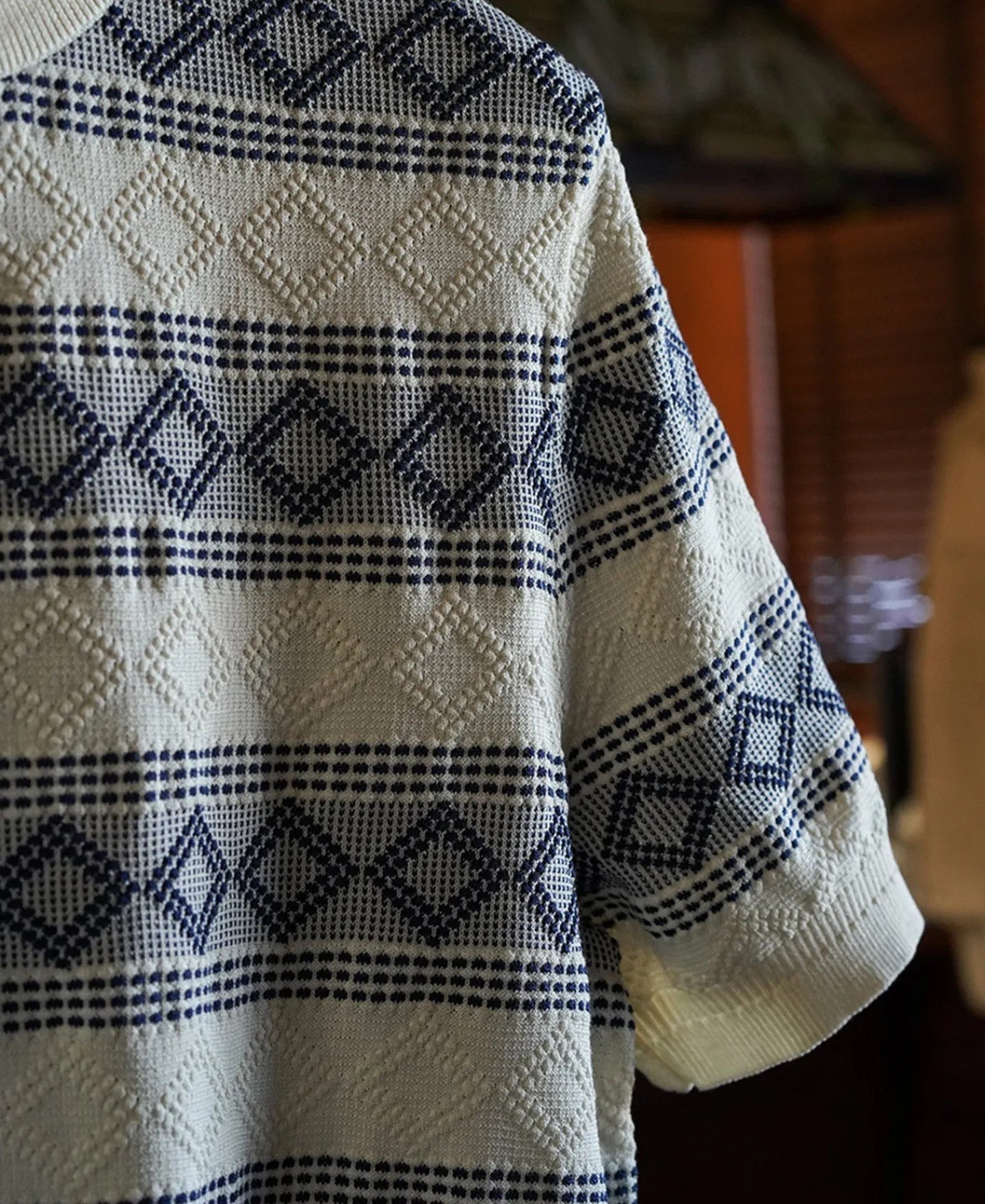 New Diamond Pattern Jacquard Crew Neck T-Shirt - Blue/White Short Sleeve T-Shirts | T-shirts