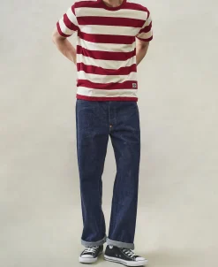 Sale Heavyweight Cotton Wide Striped T-Shirt - Red/Apricot Short Sleeve T-Shirts | T-shirts