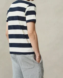 Discount Heavyweight Cotton Wide Striped T-Shirt - Blue/Apricot T-shirts | Short Sleeve T-Shirts