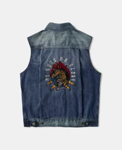 Online Heavyweight Motorcycle Embroidered Denim Vest Waistcoats | Denim