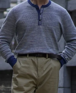 Fashion Indigo Heather Yarns Knitted Henley Shirt Henleys | Long Sleeve T-Shirts