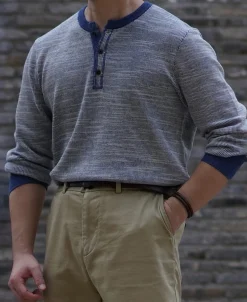 Fashion Indigo Heather Yarns Knitted Henley Shirt Henleys | Long Sleeve T-Shirts