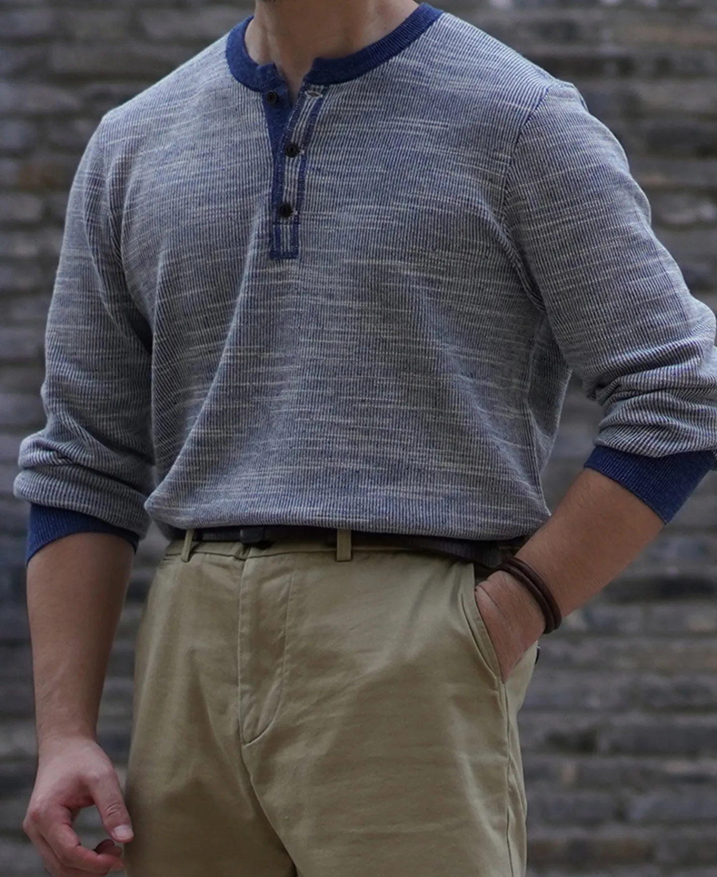 Fashion Indigo Heather Yarns Knitted Henley Shirt Henleys | Long Sleeve T-Shirts