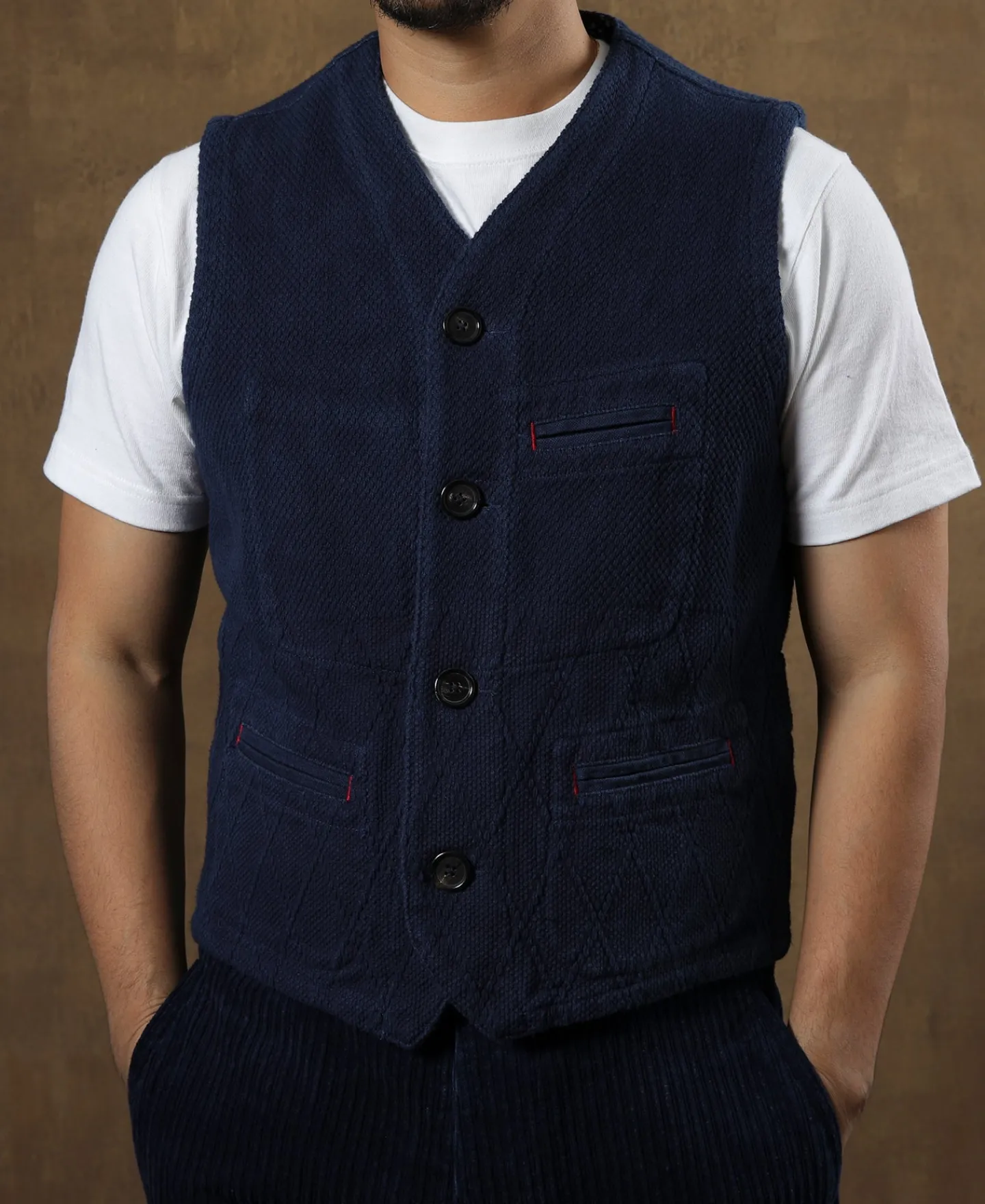 Fashion Indigo-Dyed Sashiko Work Vest Waistcoats
