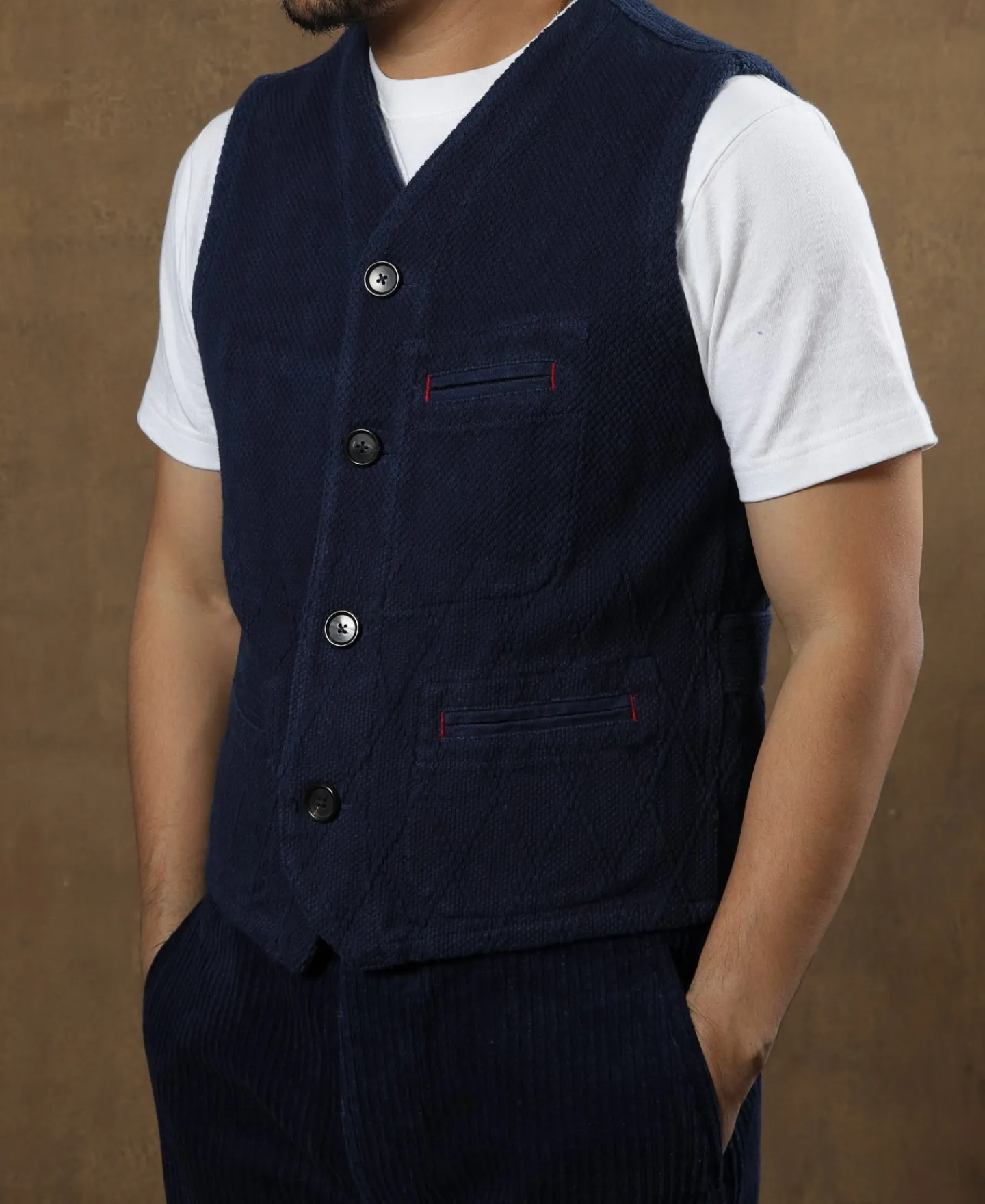 Fashion Indigo-Dyed Sashiko Work Vest Waistcoats