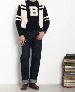 New Lot 916 Ivy Mock Neck Letter Patch Sweater - Navy Knitwear&sweaters