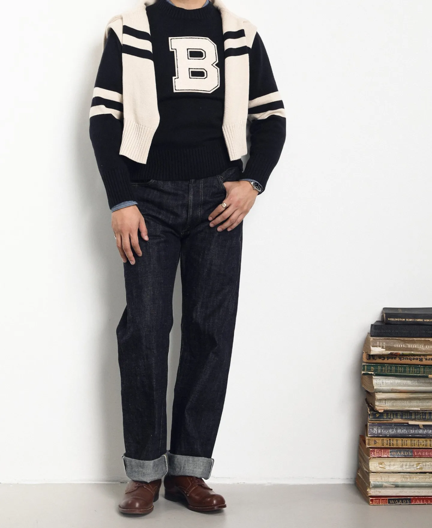 New Lot 916 Ivy Mock Neck Letter Patch Sweater - Navy Knitwear&sweaters