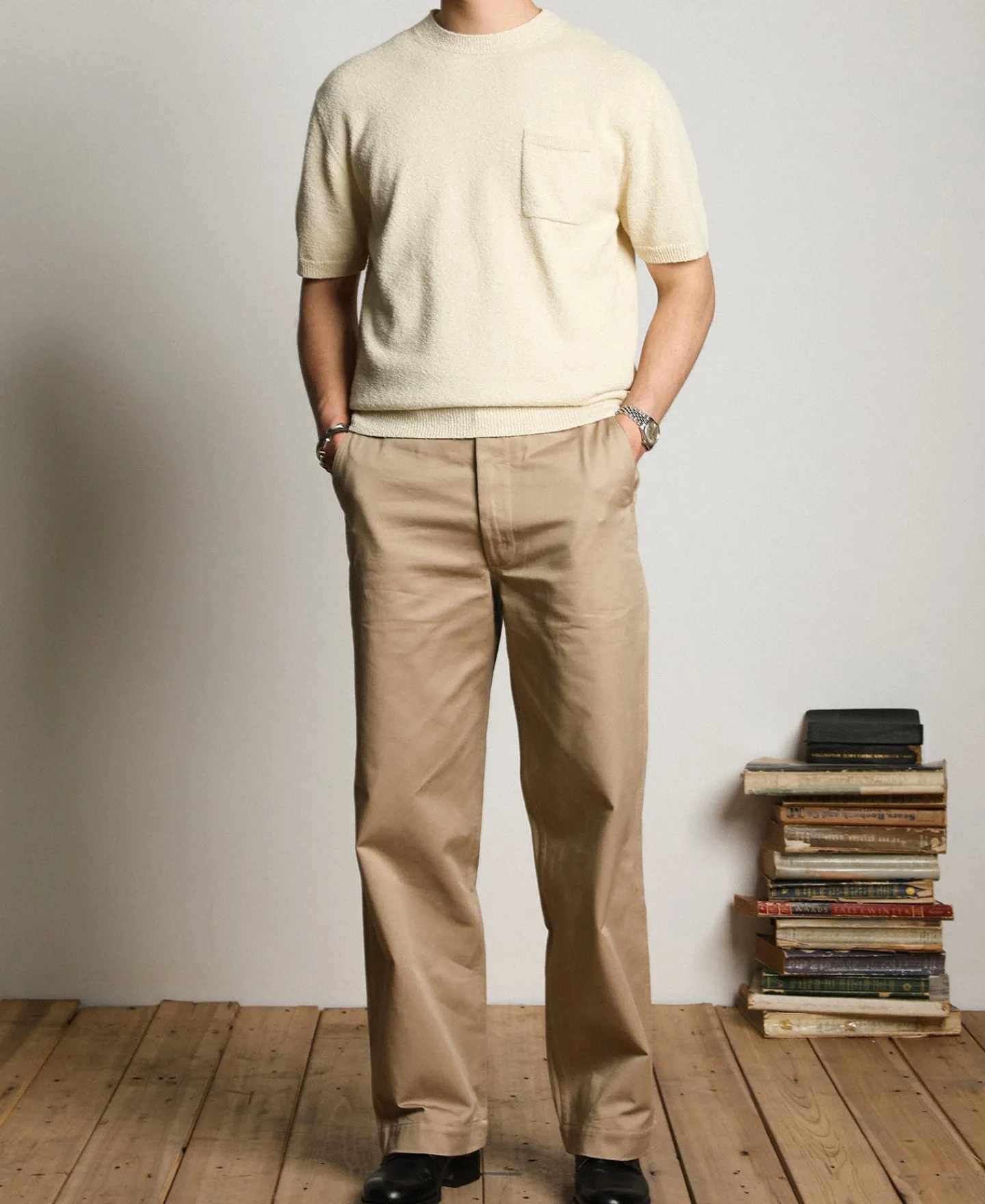Fashion Lot 918 1940s Cotton-Blend Bouclé Pocket T-Shirt - Ivory Short Sleeve T-Shirts | T-shirts