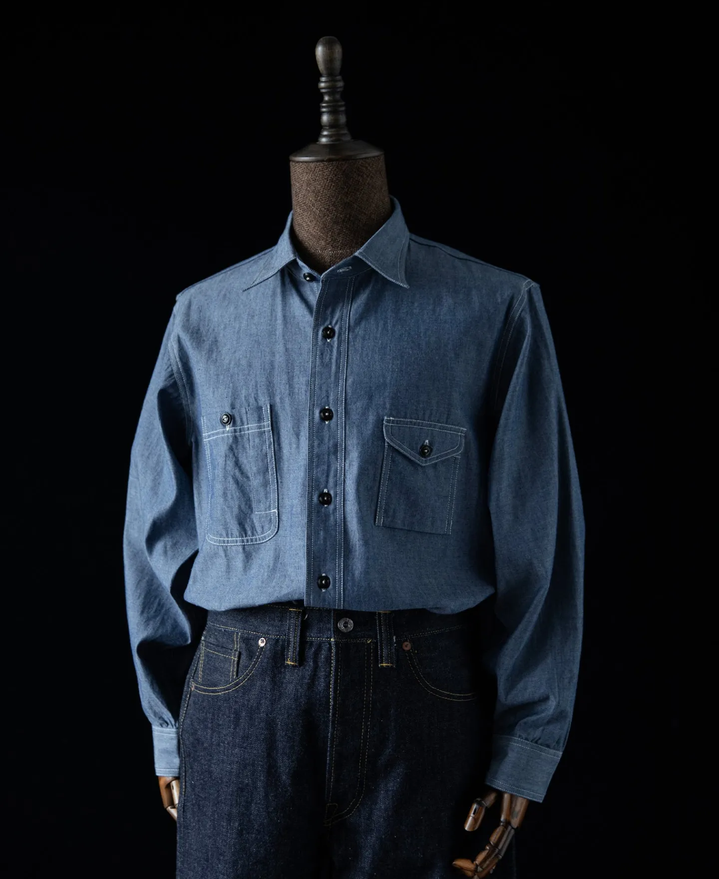 Best Lot 208 1930s Point Collar Work Shirt - Gray Blue Long Sleeve Shirts | Shirts