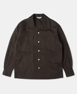 Clearance Lot 220L 1940s Linen-Cotton Open Collar Shirt - Dark Brown Long Sleeve Shirts | Shirts