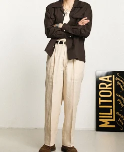 Clearance Lot 220L 1940s Linen-Cotton Open Collar Shirt - Dark Brown Long Sleeve Shirts | Shirts