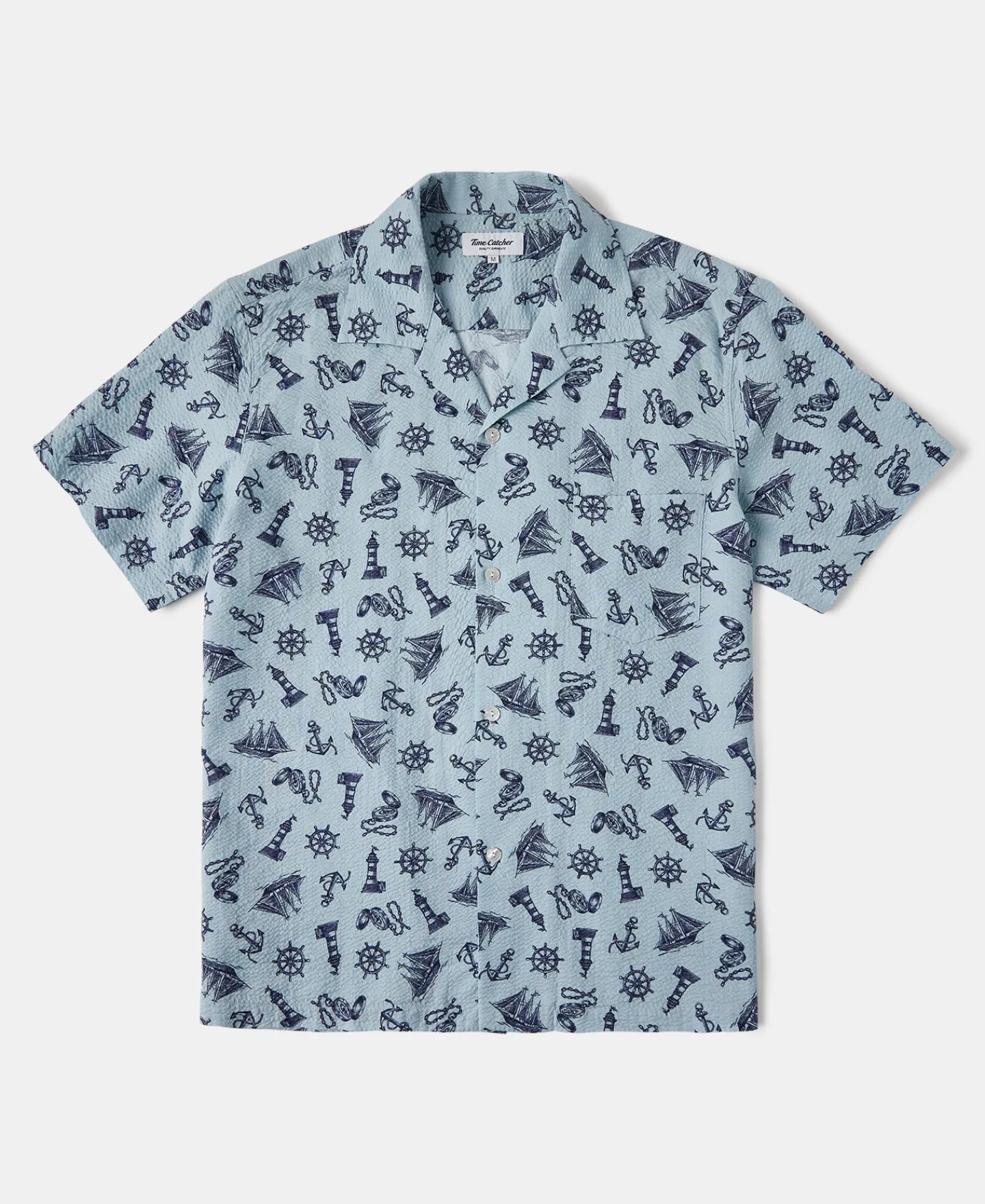 New Nautical Printed Seersucker Short Sleeve Camp Shirt - Light Blue Short Sleeve Shirts | Shirts