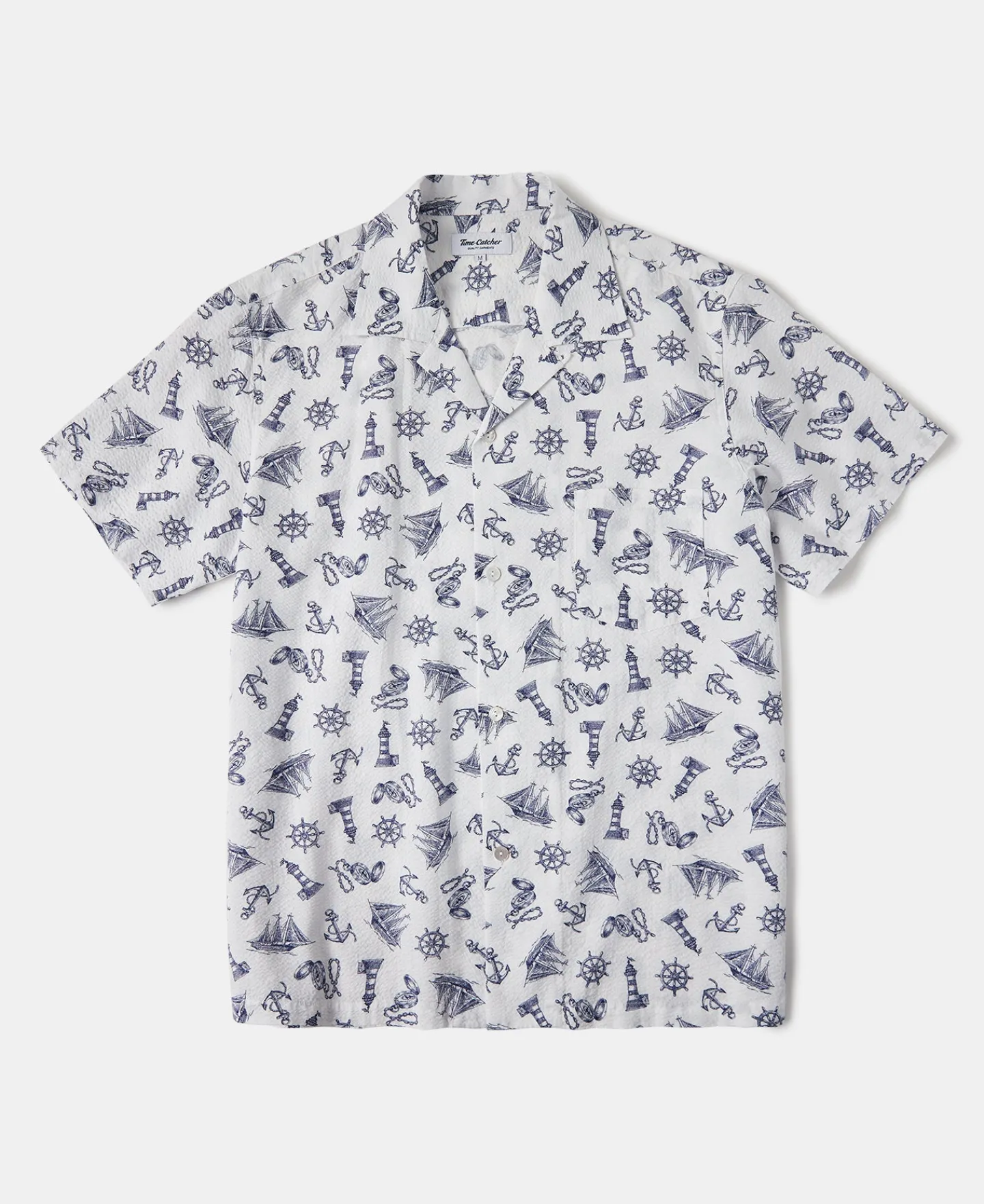 Discount Nautical Printed Seersucker Short Sleeve Camp Shirt - White Short Sleeve Shirts | Shirts