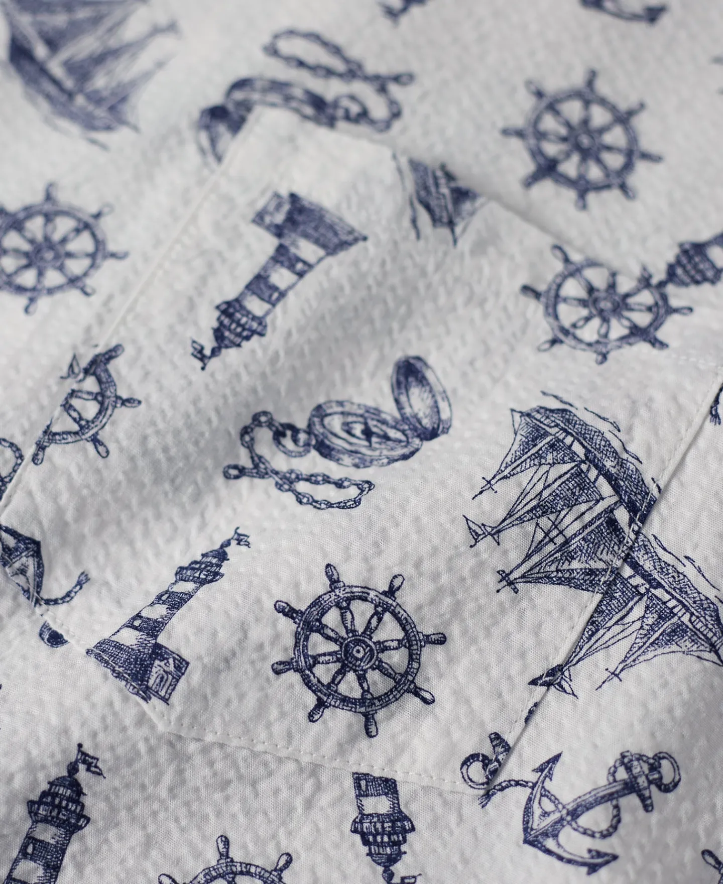 Discount Nautical Printed Seersucker Short Sleeve Camp Shirt - White Short Sleeve Shirts | Shirts
