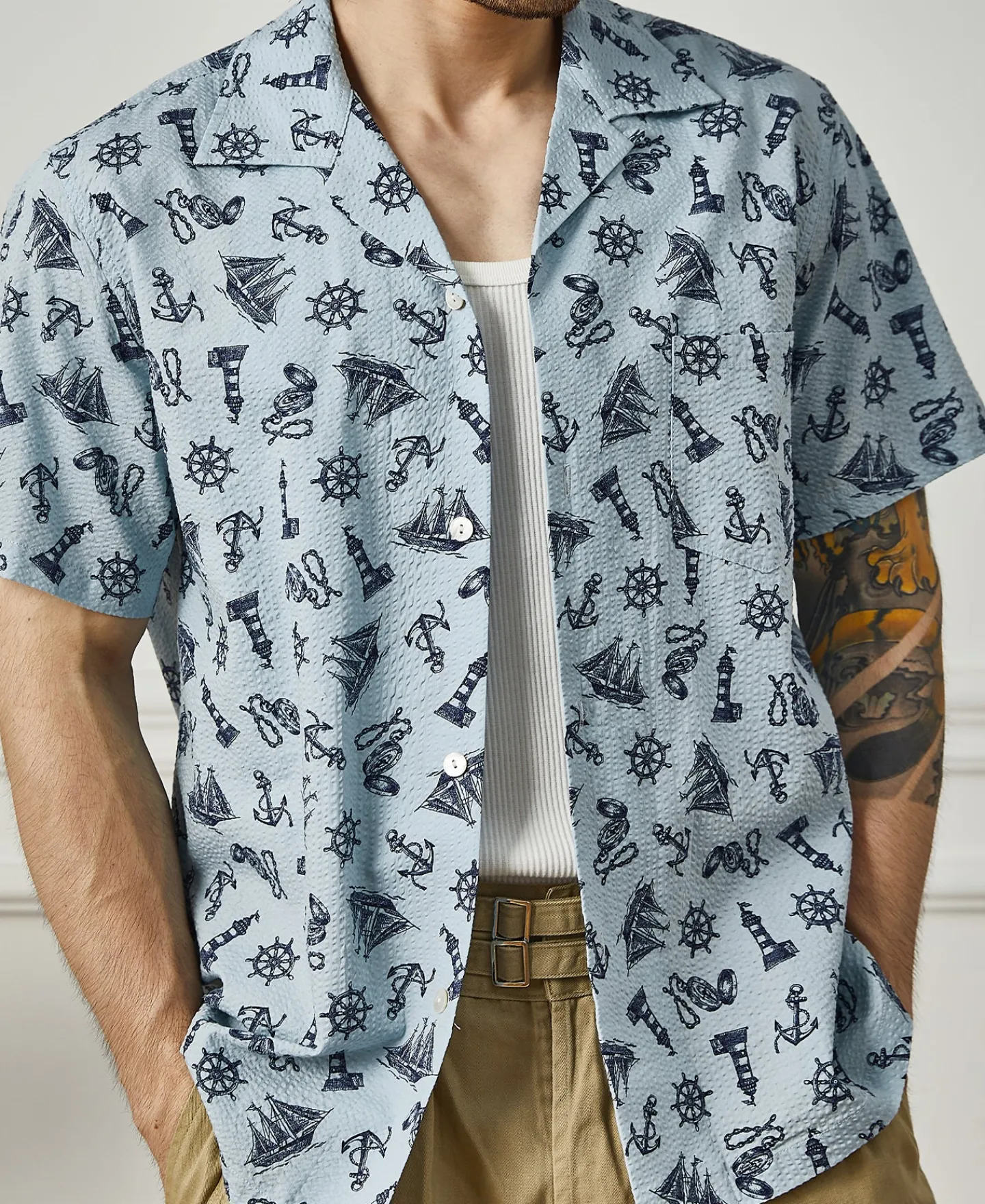 New Nautical Printed Seersucker Short Sleeve Camp Shirt - Light Blue Short Sleeve Shirts | Shirts