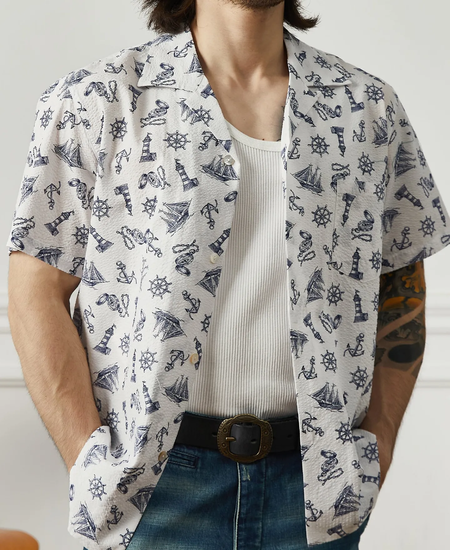 Discount Nautical Printed Seersucker Short Sleeve Camp Shirt - White Short Sleeve Shirts | Shirts