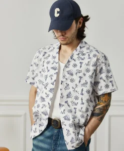 Discount Nautical Printed Seersucker Short Sleeve Camp Shirt - White Short Sleeve Shirts | Shirts