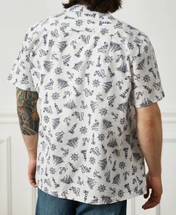 Discount Nautical Printed Seersucker Short Sleeve Camp Shirt - White Short Sleeve Shirts | Shirts