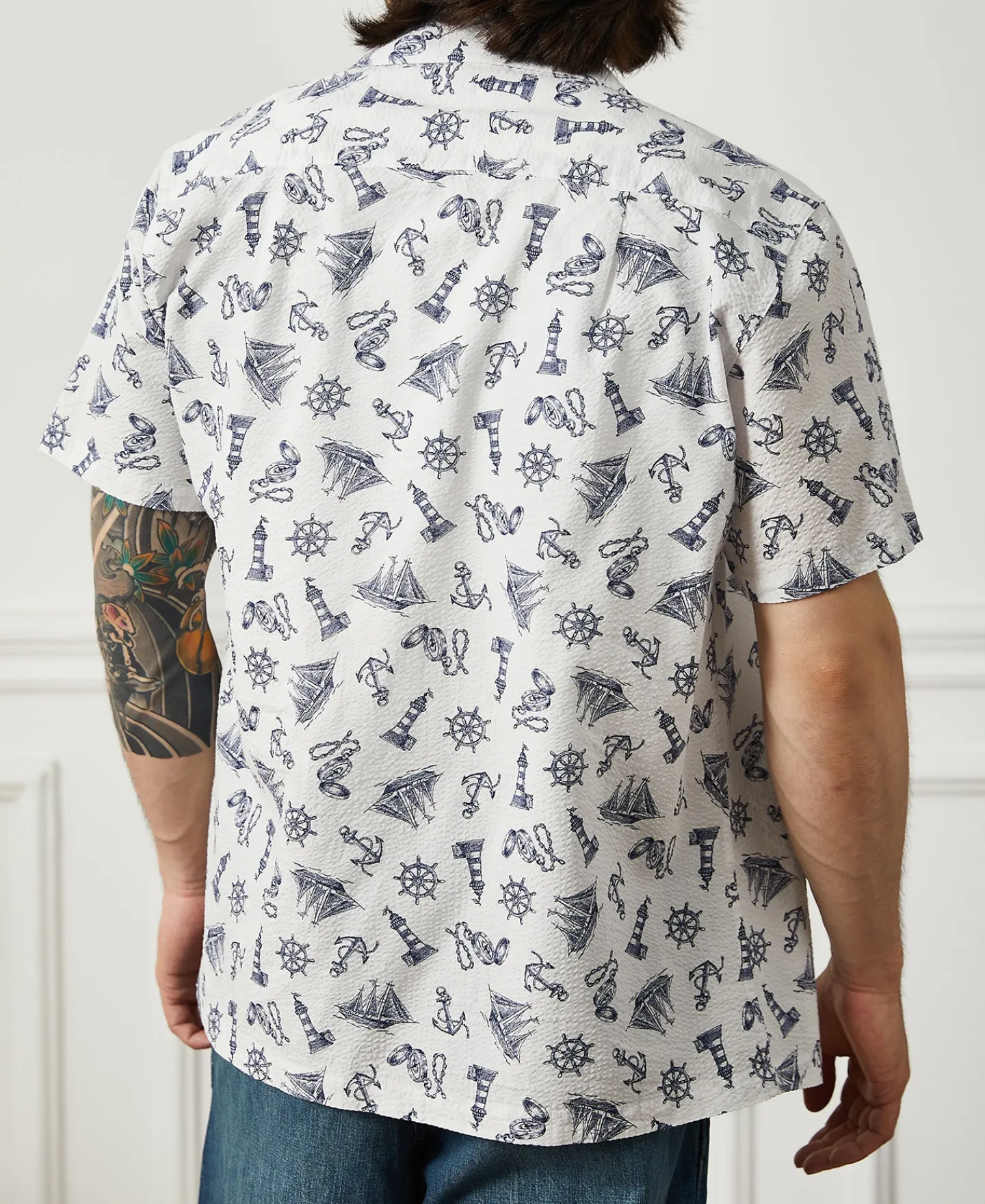 Discount Nautical Printed Seersucker Short Sleeve Camp Shirt - White Short Sleeve Shirts | Shirts