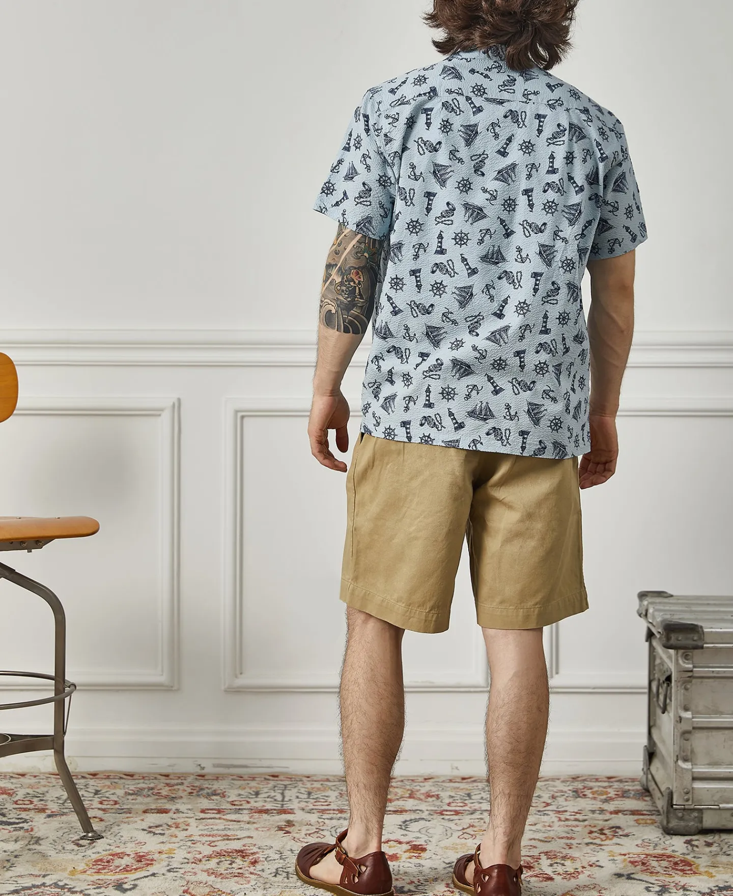 New Nautical Printed Seersucker Short Sleeve Camp Shirt - Light Blue Short Sleeve Shirts | Shirts