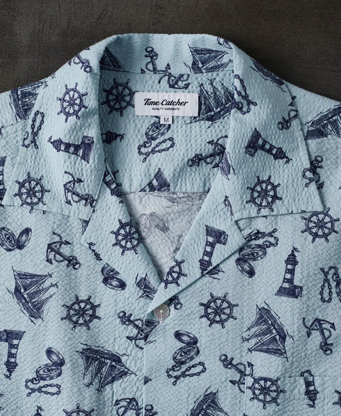 New Nautical Printed Seersucker Short Sleeve Camp Shirt - Light Blue Short Sleeve Shirts | Shirts