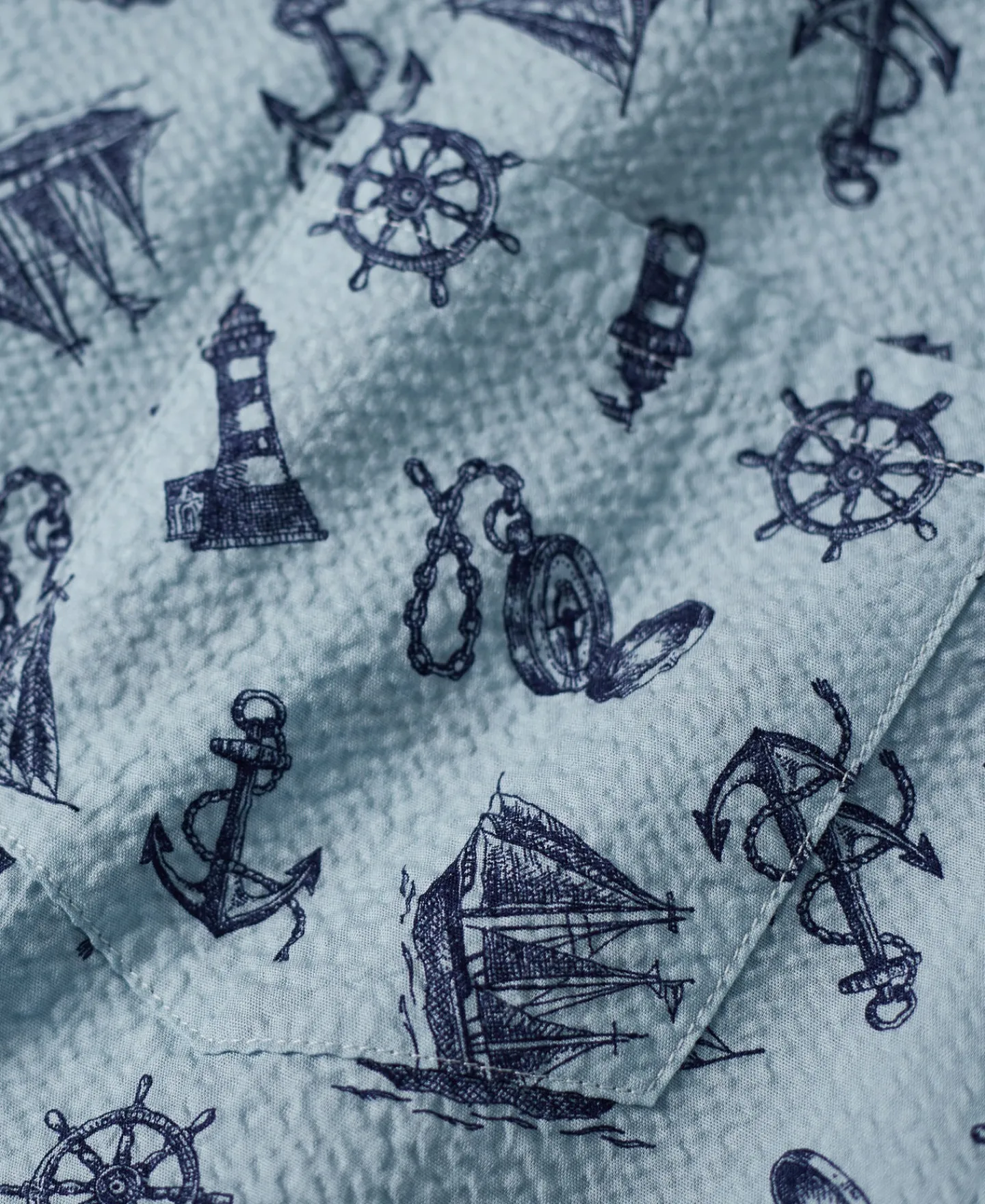 New Nautical Printed Seersucker Short Sleeve Camp Shirt - Light Blue Short Sleeve Shirts | Shirts