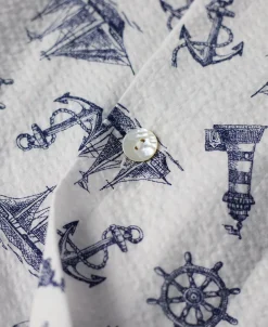 Discount Nautical Printed Seersucker Short Sleeve Camp Shirt - White Short Sleeve Shirts | Shirts