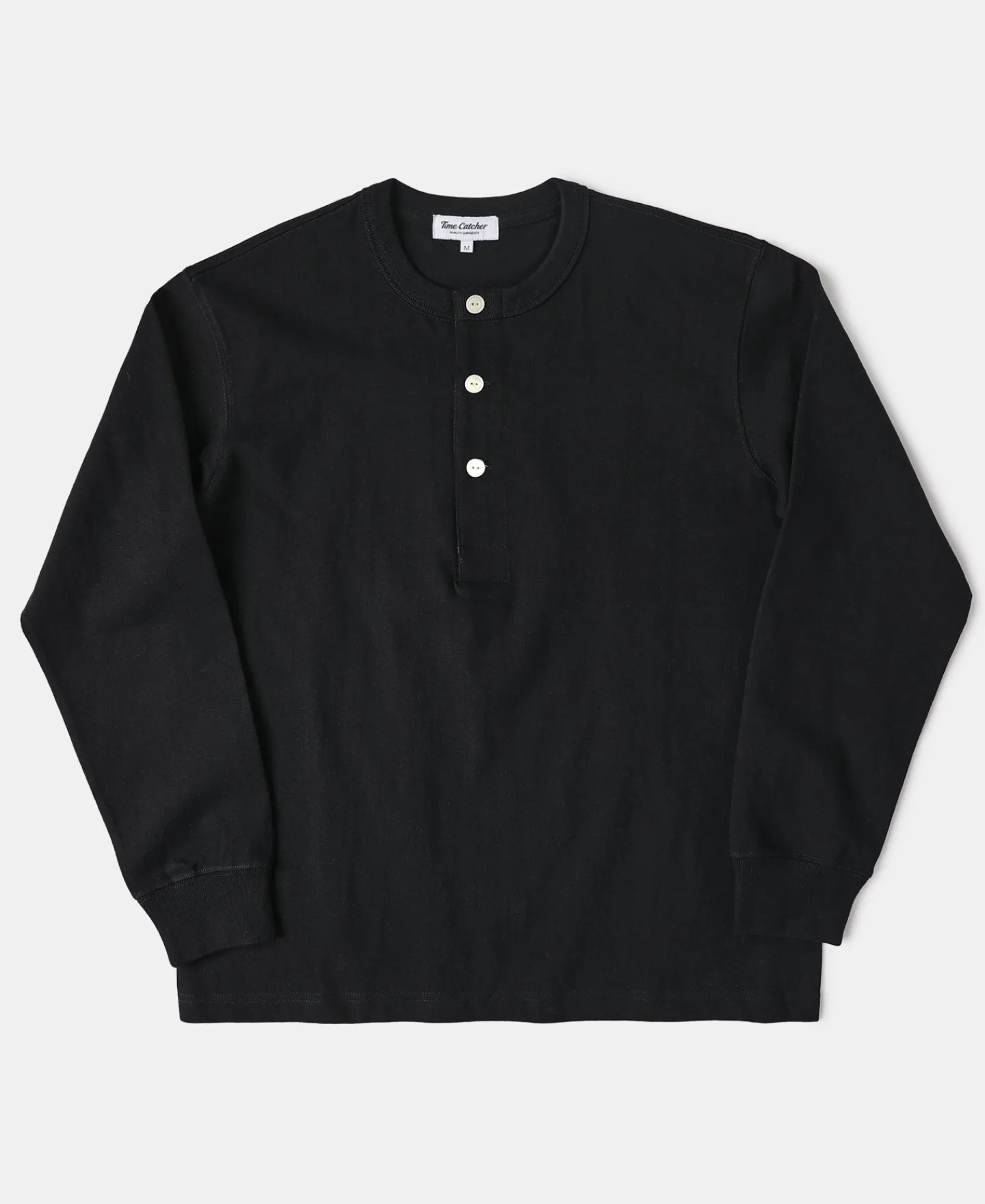 New 1930s 10.5 oz Cotton Loopwheel Tubular Henley Shirt - Black Henleys | Long Sleeve T-Shirts