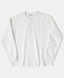 New 1930s 10.5 oz Cotton Loopwheel Tubular Henley Shirt - White Henleys | Long Sleeve T-Shirts