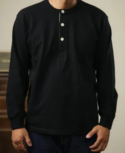 New 1930s 10.5 oz Cotton Loopwheel Tubular Henley Shirt - Black Henleys | Long Sleeve T-Shirts