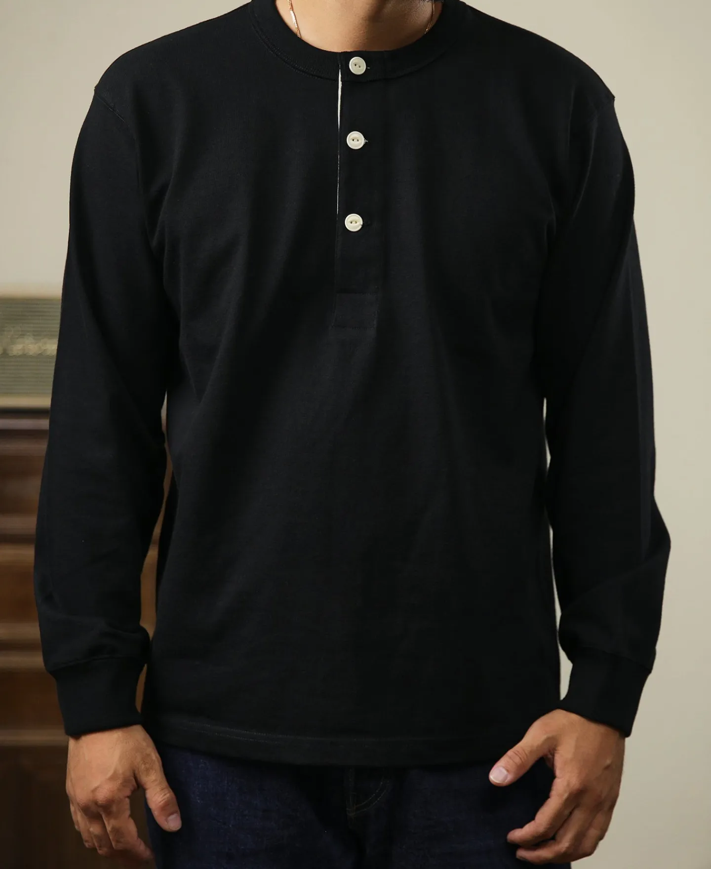 New 1930s 10.5 oz Cotton Loopwheel Tubular Henley Shirt - Black Henleys | Long Sleeve T-Shirts