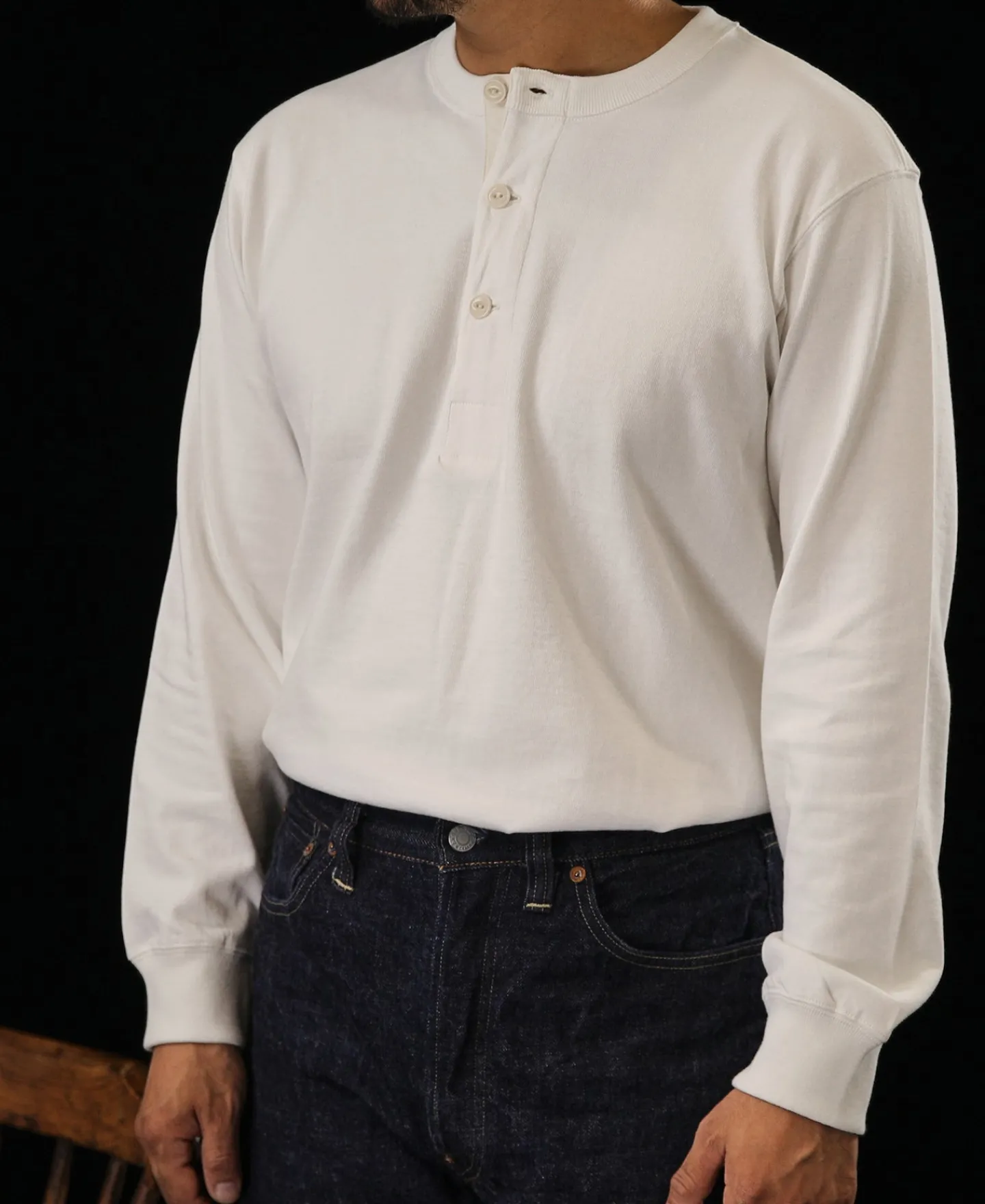New 1930s 10.5 oz Cotton Loopwheel Tubular Henley Shirt - White Henleys | Long Sleeve T-Shirts