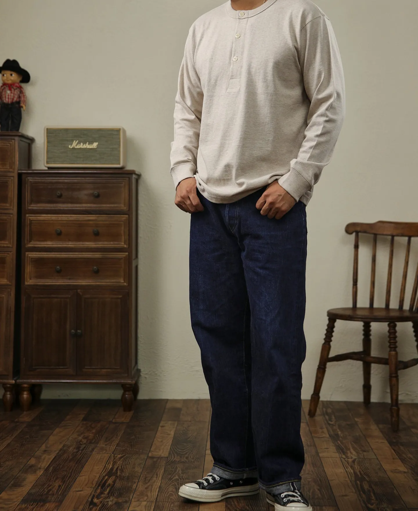 Online 1930s 10.5 oz Cotton Loopwheel Tubular Henley Shirt - Oatmeal Henleys | Long Sleeve T-Shirts
