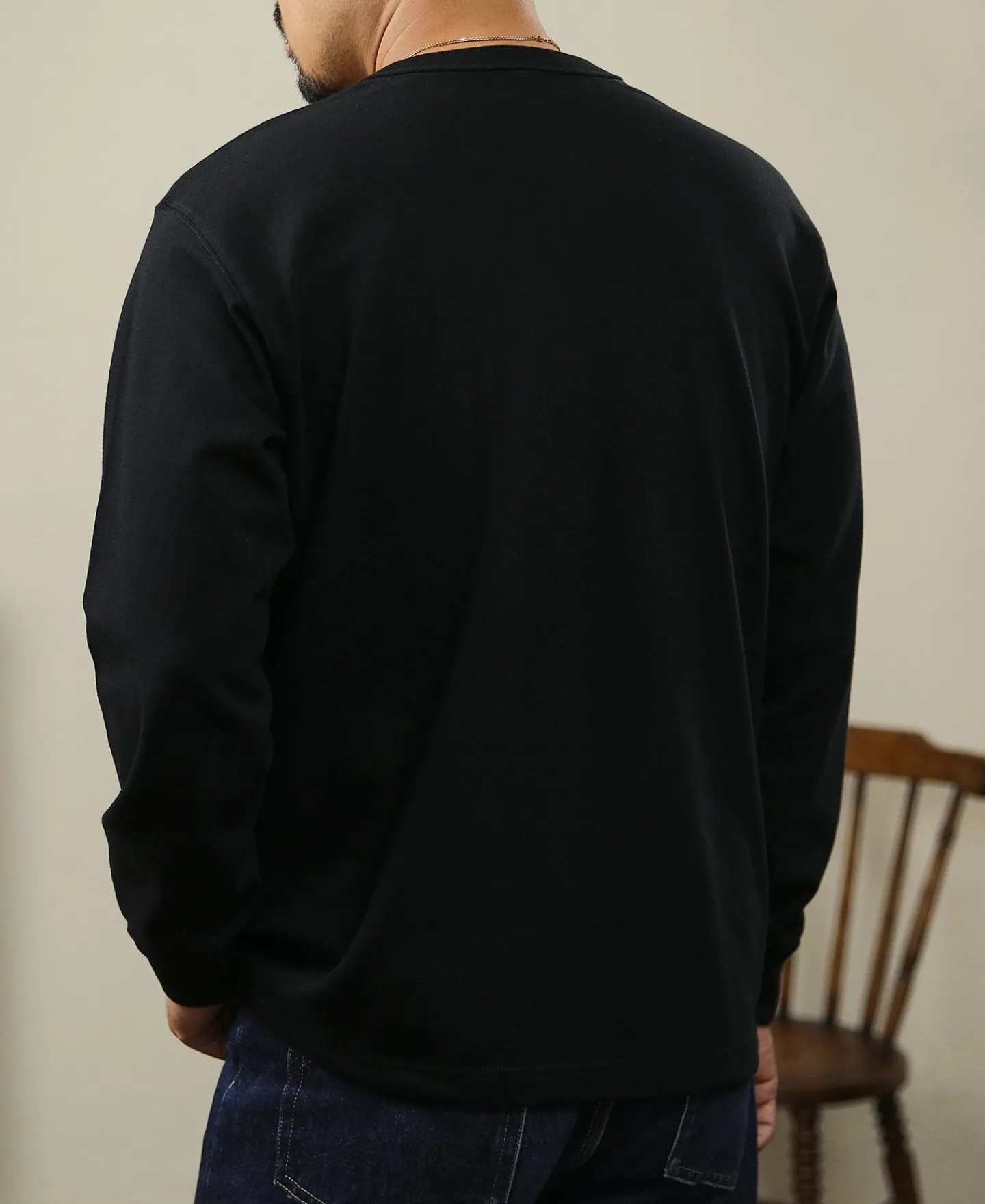 New 1930s 10.5 oz Cotton Loopwheel Tubular Henley Shirt - Black Henleys | Long Sleeve T-Shirts