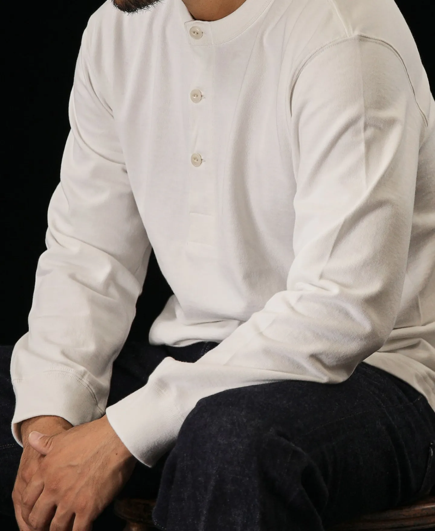 New 1930s 10.5 oz Cotton Loopwheel Tubular Henley Shirt - White Henleys | Long Sleeve T-Shirts