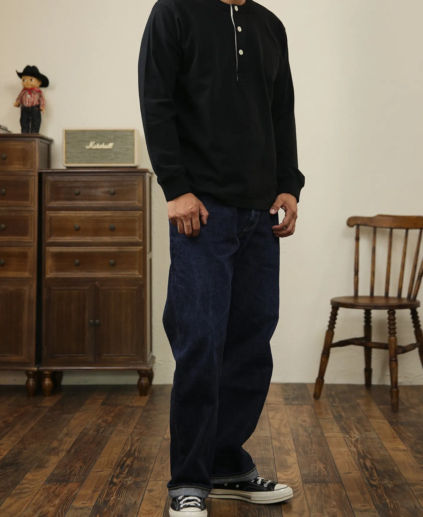 New 1930s 10.5 oz Cotton Loopwheel Tubular Henley Shirt - Black Henleys | Long Sleeve T-Shirts