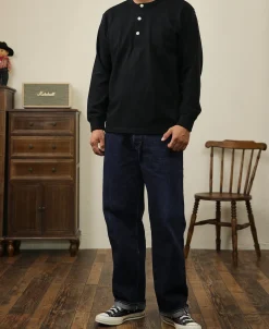 New 1930s 10.5 oz Cotton Loopwheel Tubular Henley Shirt - Black Henleys | Long Sleeve T-Shirts