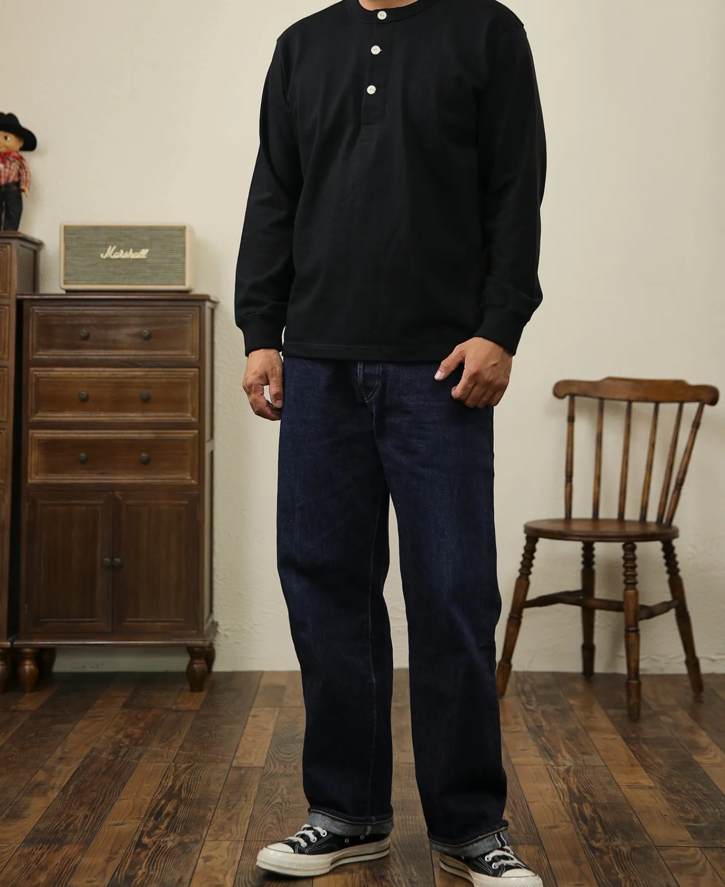 New 1930s 10.5 oz Cotton Loopwheel Tubular Henley Shirt - Black Henleys | Long Sleeve T-Shirts