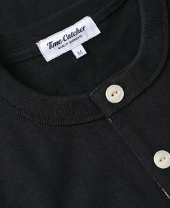New 1930s 10.5 oz Cotton Loopwheel Tubular Henley Shirt - Black Henleys | Long Sleeve T-Shirts