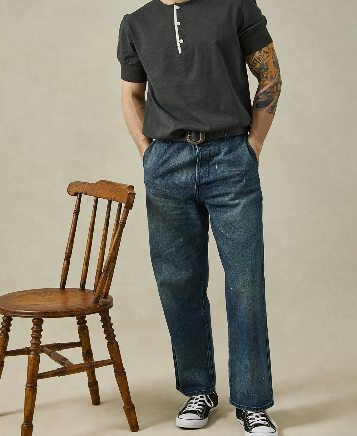 Clearance 1900s 9.8 oz Slub Cotton Henley T-Shirt - Vintage Black Henleys | Short Sleeve T-Shirts