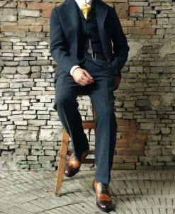 Hot 1930s American Style Herringbone Navy Tweed Trousers Pants&trousers