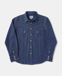 Fashion 1950s Indigo Discharge-printed Wabash Stripe Western Shirt Long Sleeve Shirts | Shirts